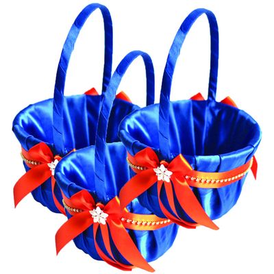 Alex Emotions Ivory Flower Girl Basket and Ring Bearer Pillow Set Wedding Basket and Ring Pillow Set | Handmade Wedding Pillow and Basket, Royal Blue and Orange, 3 Baskets