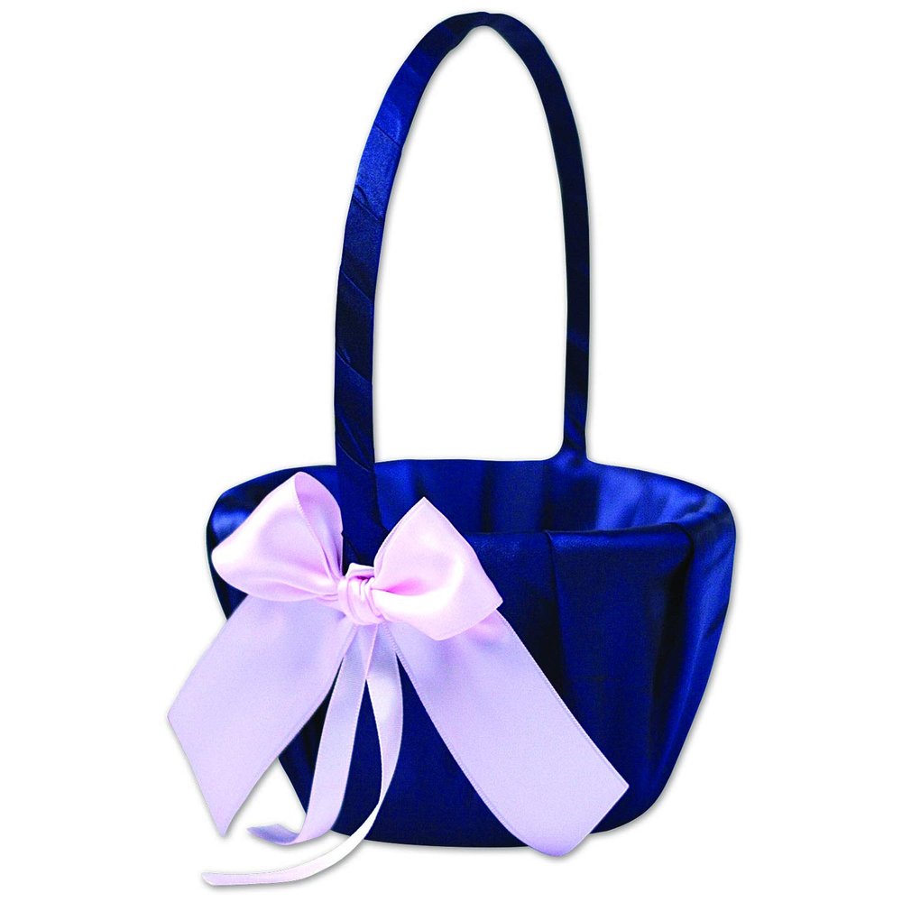 Alex Emotions Ivory Flower Girl Basket and Ring Bearer Pillow Set Wedding Basket and Ring Pillow Set | Handmade Wedding Pillow and Basket, Navy Blue and Blush Pink, 1 Basket
