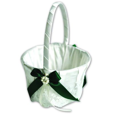 Alex Emotions Ivory Flower Girl Basket and Ring Bearer Pillow Set Wedding Basket and Ring Pillow Set | Handmade Wedding Pillow and Basket, Ivory and Hunter Green, 1 Basket