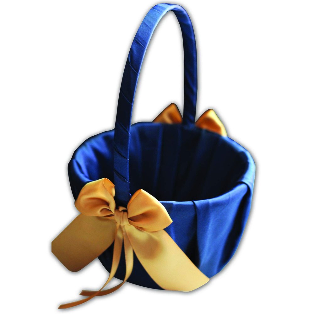 Alex Emotions Ivory Flower Girl Basket and Ring Bearer Pillow Set Wedding Basket and Ring Pillow Set | Handmade Wedding Pillow and Basket, Navy Blue and Gold, 1 Basket