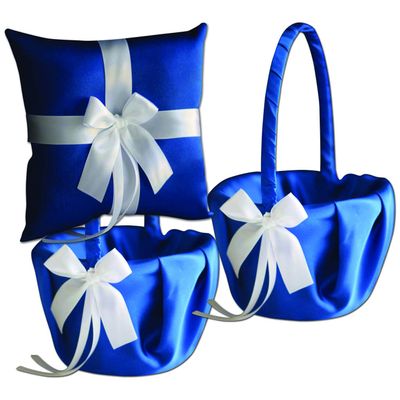 Alex Emotions Ivory Flower Girl Basket and Ring Bearer Pillow Set Wedding Basket and Ring Pillow Set | Handmade Wedding Pillow and Basket, Royal Blue and White, 1 Pillow + 2 Baskets