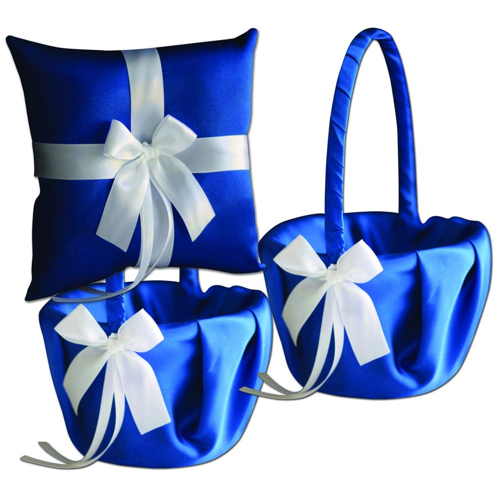 Alex Emotions Ivory Flower Girl Basket and Ring Bearer Pillow Set Wedding Basket and Ring Pillow Set | Handmade Wedding Pillow and Basket, Royal Blue and White, 1 Pillow + 2 Baskets