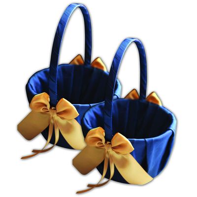 Alex Emotions Ivory Flower Girl Basket and Ring Bearer Pillow Set Wedding Basket and Ring Pillow Set | Handmade Wedding Pillow and Basket, Navy Blue and Gold, 2 Baskets