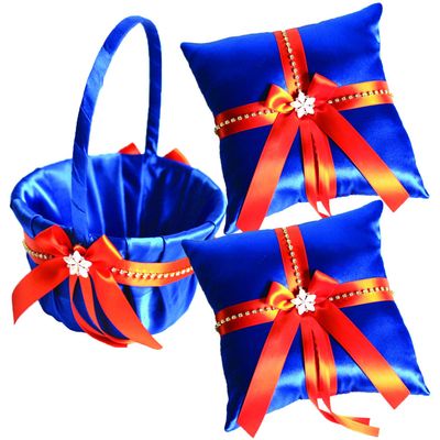 Alex Emotions Ivory Flower Girl Basket and Ring Bearer Pillow Set Wedding Basket and Ring Pillow Set | Handmade Wedding Pillow and Basket, Royal Blue and Orange, 2 Pillows + 1 Basket