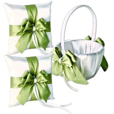 Alex Emotions Ivory Flower Girl Basket and Ring Bearer Pillow Set Wedding Basket and Ring Pillow Set | Handmade Wedding Pillow and Basket, Ivory and Sage Green, 2 Pillows + 1 Basket