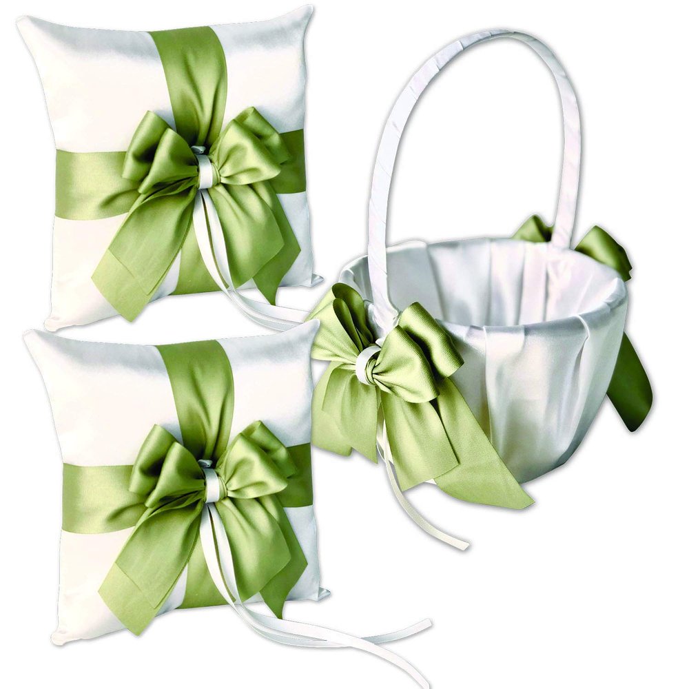 Alex Emotions Ivory Flower Girl Basket and Ring Bearer Pillow Set Wedding Basket and Ring Pillow Set | Handmade Wedding Pillow and Basket, Ivory and Sage Green, 2 Pillows + 1 Basket