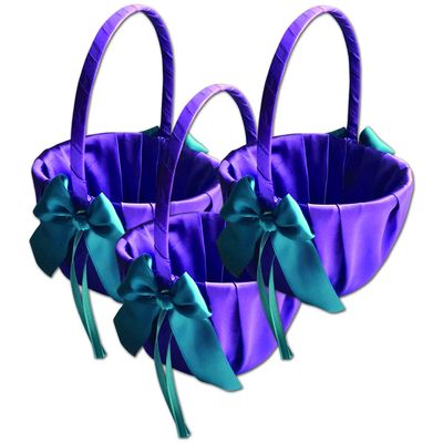 Alex Emotions Ivory Flower Girl Basket and Ring Bearer Pillow Set Wedding Basket and Ring Pillow Set | Handmade Wedding Pillow and Basket, Purple and Teal, 3 Baskets