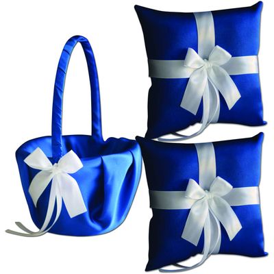 Alex Emotions Ivory Flower Girl Basket and Ring Bearer Pillow Set Wedding Basket and Ring Pillow Set | Handmade Wedding Pillow and Basket, Royal Blue and White, 2 Pillows + 1 Basket
