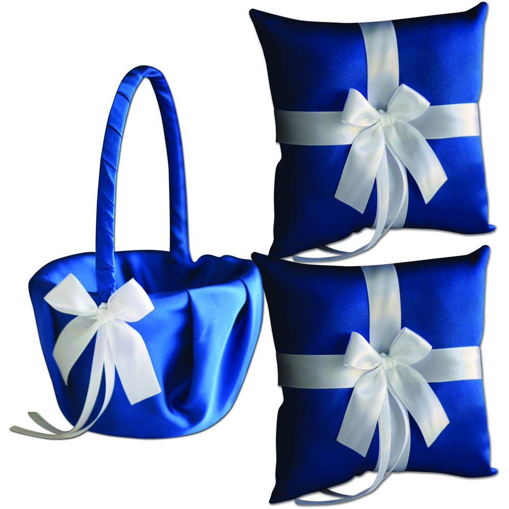 Alex Emotions Ivory Flower Girl Basket and Ring Bearer Pillow Set Wedding Basket and Ring Pillow Set | Handmade Wedding Pillow and Basket, Royal Blue and White, 2 Pillows + 1 Basket