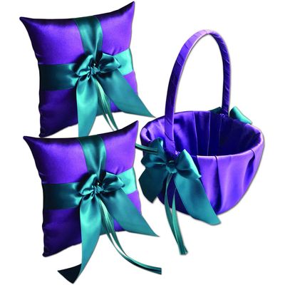 Alex Emotions Ivory Flower Girl Basket and Ring Bearer Pillow Set Wedding Basket and Ring Pillow Set | Handmade Wedding Pillow and Basket, Purple and Teal, 2 Pillows + 1 Basket
