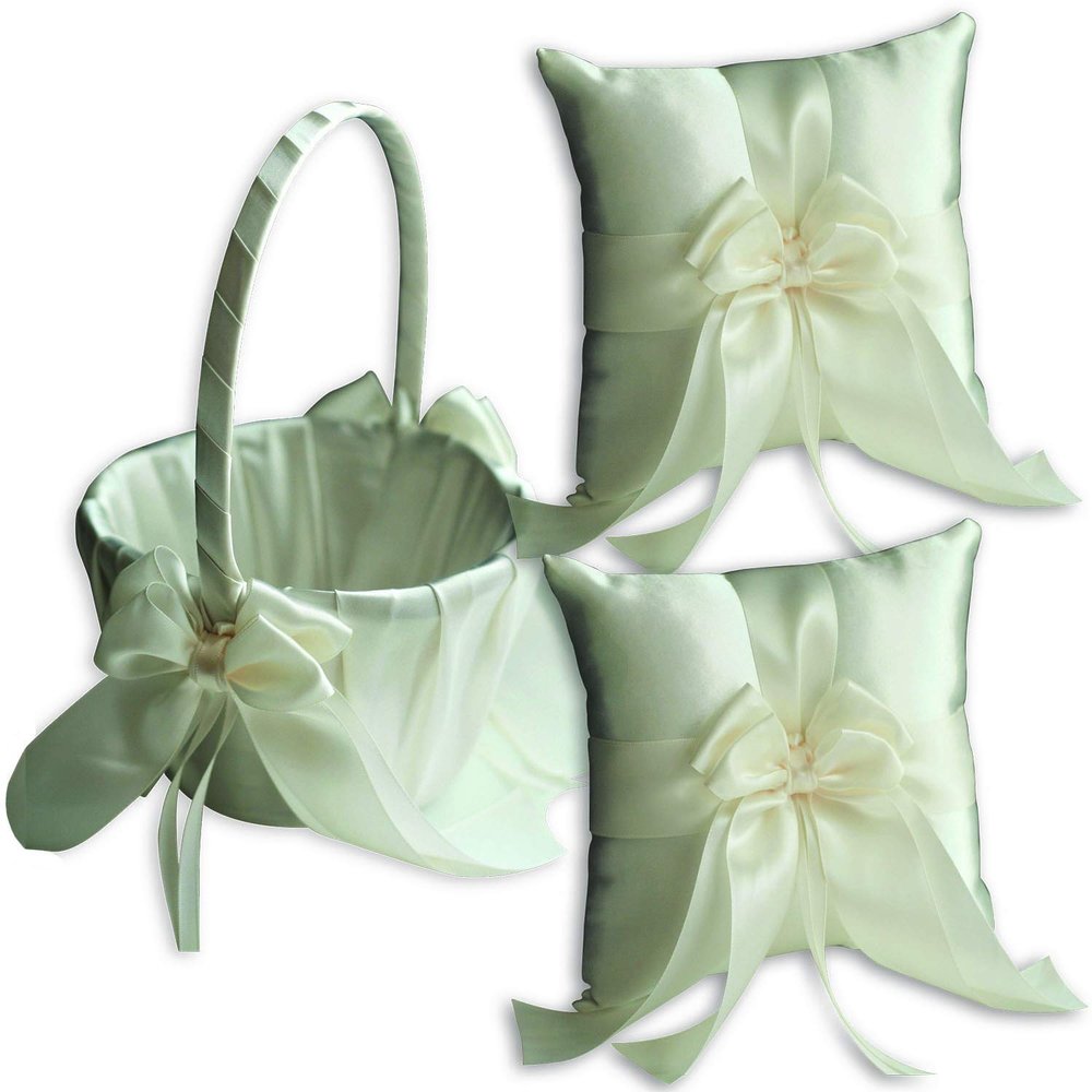 Alex Emotions Ivory Flower Girl Basket and Ring Bearer Pillow Set Wedding Basket and Ring Pillow Set | Handmade Wedding Pillow and Basket, Ivory, 2 Pillows + 1 Basket