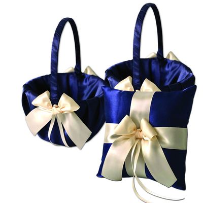 Alex Emotions Ivory Flower Girl Basket and Ring Bearer Pillow Set Wedding Basket and Ring Pillow Set | Handmade Wedding Pillow and Basket, Navy Blue and Ivory, 1 Pillow + 2 Baskets