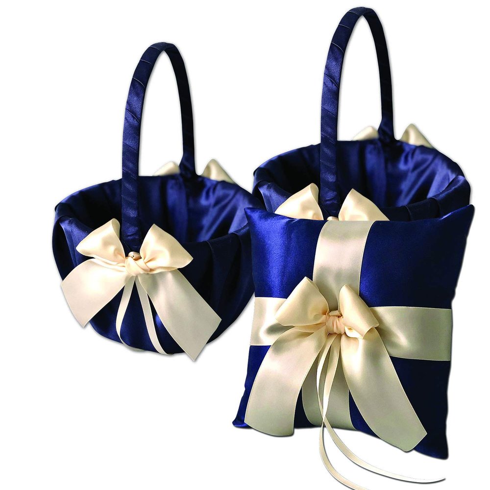 Alex Emotions Ivory Flower Girl Basket and Ring Bearer Pillow Set Wedding Basket and Ring Pillow Set | Handmade Wedding Pillow and Basket, Navy Blue and Ivory, 1 Pillow + 2 Baskets