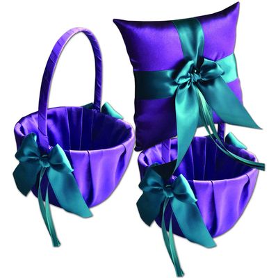 Alex Emotions Ivory Flower Girl Basket and Ring Bearer Pillow Set Wedding Basket and Ring Pillow Set | Handmade Wedding Pillow and Basket, Purple and Teal, 1 Pillow + 2 Baskets