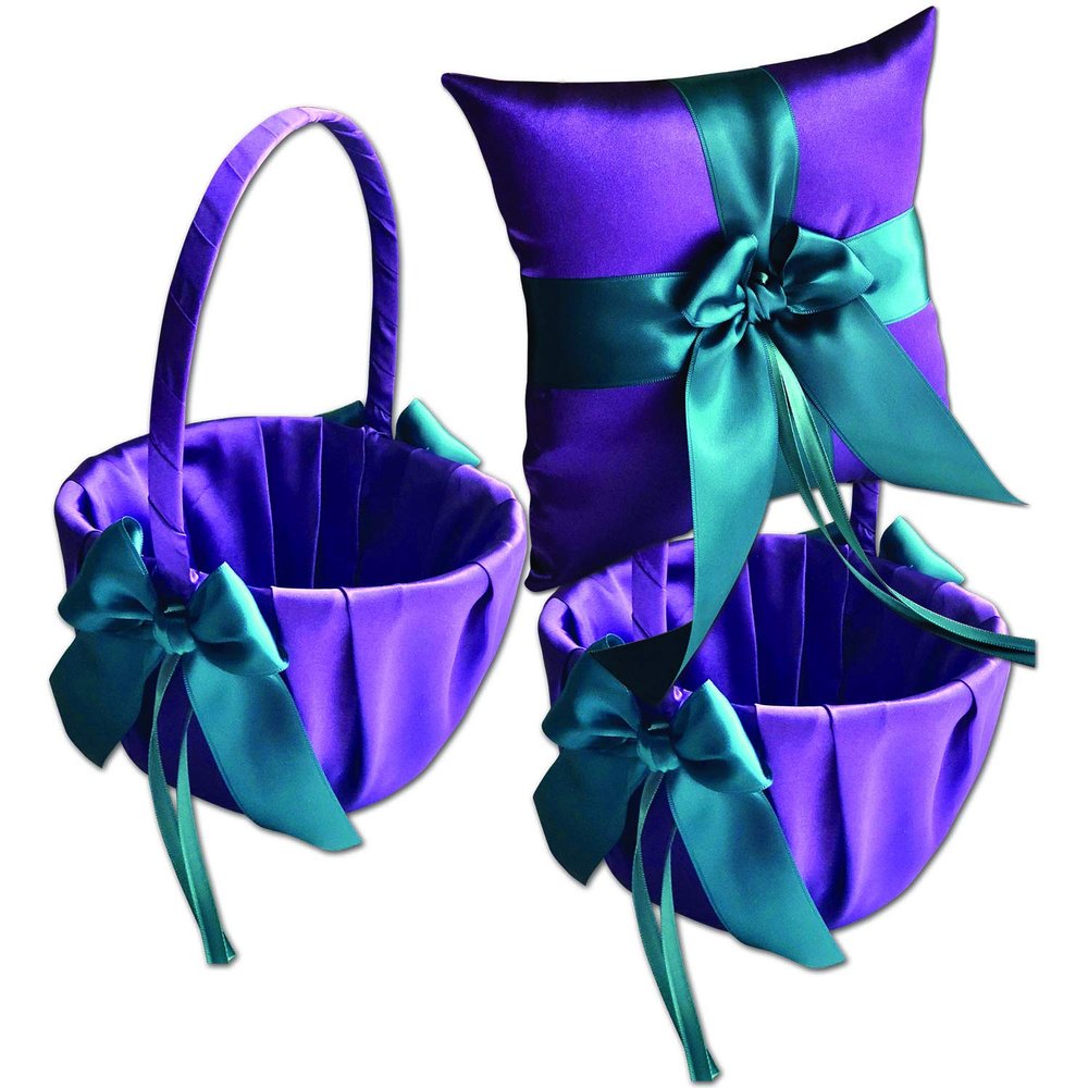 Alex Emotions Ivory Flower Girl Basket and Ring Bearer Pillow Set Wedding Basket and Ring Pillow Set | Handmade Wedding Pillow and Basket, Purple and Teal, 1 Pillow + 2 Baskets