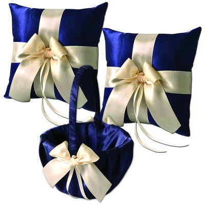 Alex Emotions Ivory Flower Girl Basket and Ring Bearer Pillow Set Wedding Basket and Ring Pillow Set | Handmade Wedding Pillow and Basket, Navy Blue and Ivory, 2 Pillows + 1 Basket