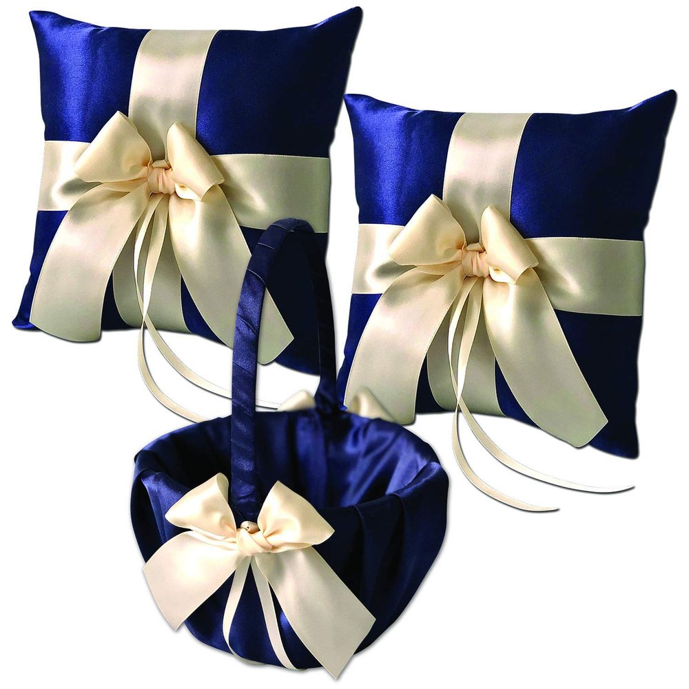 Alex Emotions Ivory Flower Girl Basket and Ring Bearer Pillow Set Wedding Basket and Ring Pillow Set | Handmade Wedding Pillow and Basket, Navy Blue and Ivory, 2 Pillows + 1 Basket