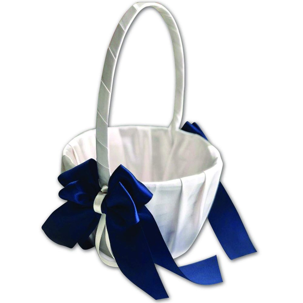 Alex Emotions Ivory Flower Girl Basket and Ring Bearer Pillow Set Wedding Basket and Ring Pillow Set | Handmade Wedding Pillow and Basket, Ivory and Navy Blue, 1 Basket