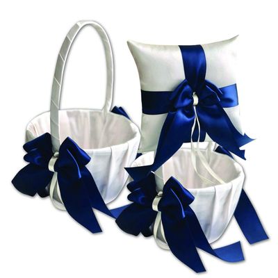 Alex Emotions Ivory Flower Girl Basket and Ring Bearer Pillow Set Wedding Basket and Ring Pillow Set | Handmade Wedding Pillow and Basket, Ivory and Navy Blue, 1 Pillow + 2 Baskets
