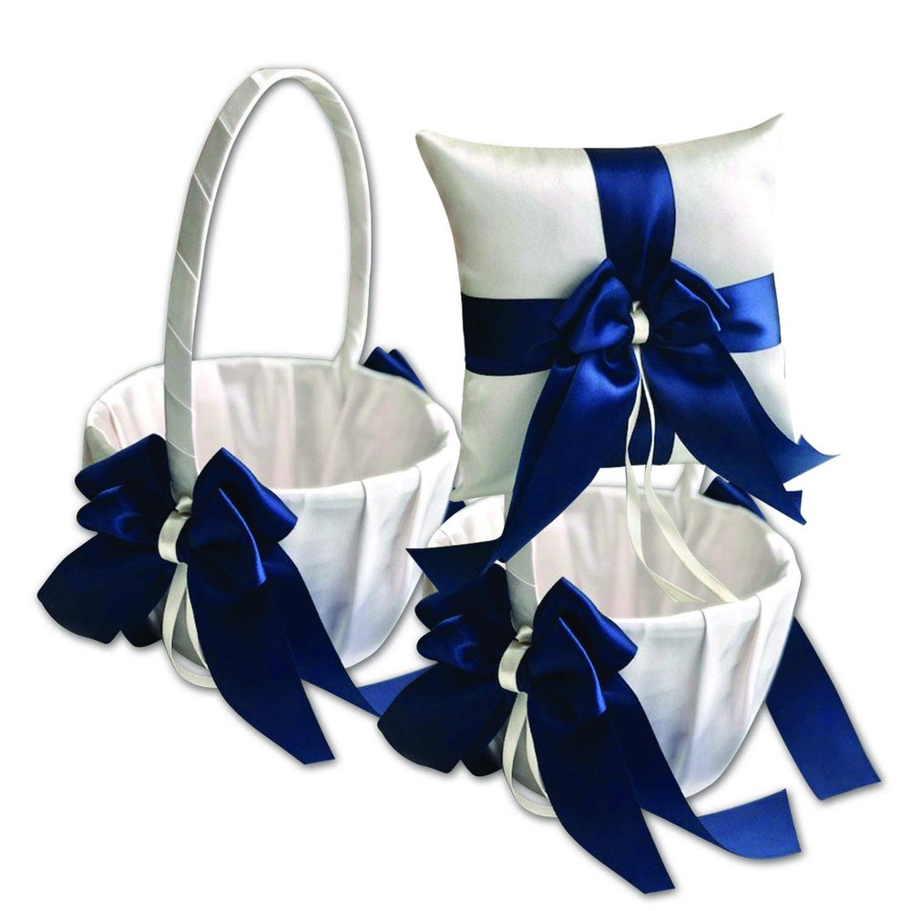 Alex Emotions Ivory Flower Girl Basket and Ring Bearer Pillow Set Wedding Basket and Ring Pillow Set | Handmade Wedding Pillow and Basket, Ivory and Navy Blue, 1 Pillow + 2 Baskets