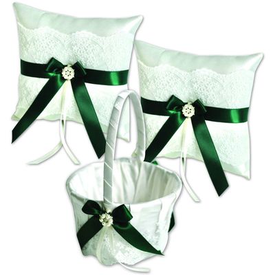 Alex Emotions Ivory Flower Girl Basket and Ring Bearer Pillow Set Wedding Basket and Ring Pillow Set | Handmade Wedding Pillow and Basket, Ivory and Hunter Green, 2 Pillows + 1 Basket