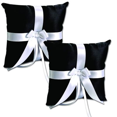 Alex Emotions Ivory Flower Girl Basket and Ring Bearer Pillow Set Wedding Basket and Ring Pillow Set | Handmade Wedding Pillow and Basket, Black and White, 2 Pillows