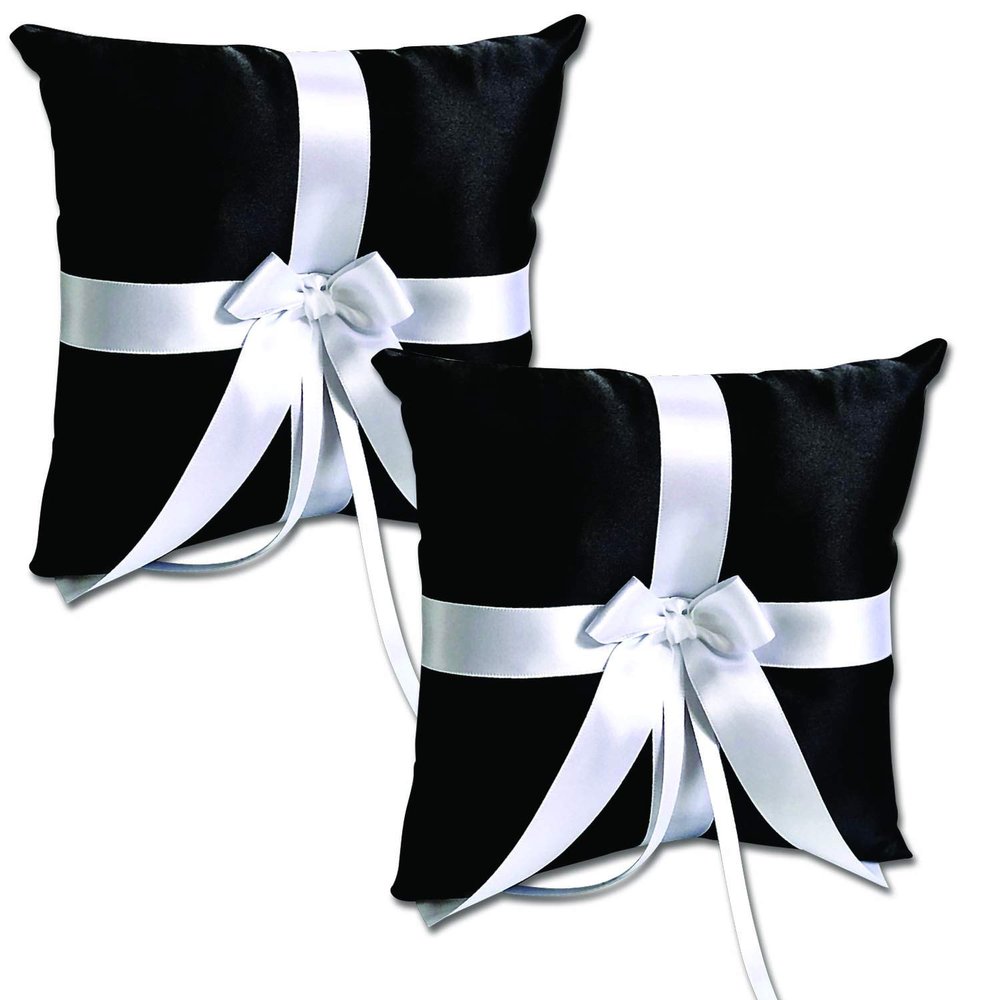 Alex Emotions Ivory Flower Girl Basket and Ring Bearer Pillow Set Wedding Basket and Ring Pillow Set | Handmade Wedding Pillow and Basket, Black and White, 2 Pillows