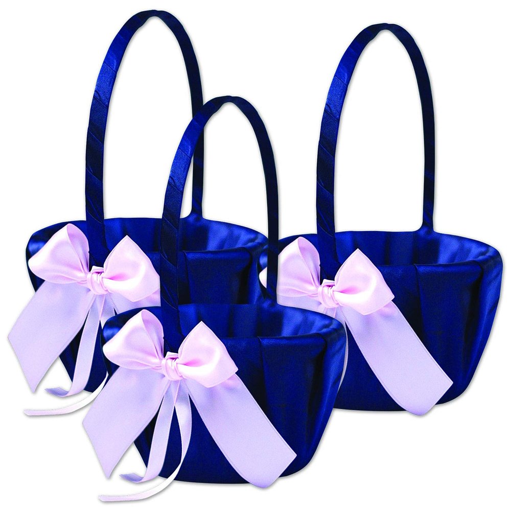Alex Emotions Ivory Flower Girl Basket and Ring Bearer Pillow Set Wedding Basket and Ring Pillow Set | Handmade Wedding Pillow and Basket, Navy Blue and Blush Pink, 3 Baskets