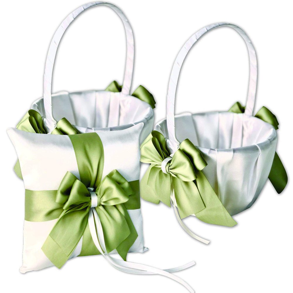 Alex Emotions Ivory Flower Girl Basket and Ring Bearer Pillow Set Wedding Basket and Ring Pillow Set | Handmade Wedding Pillow and Basket, Ivory and Sage Green, 1 Pillow + 2 Baskets
