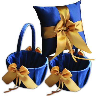Alex Emotions Ivory Flower Girl Basket and Ring Bearer Pillow Set Wedding Basket and Ring Pillow Set | Handmade Wedding Pillow and Basket, Navy Blue and Gold, 1 Pillow + 2 Baskets