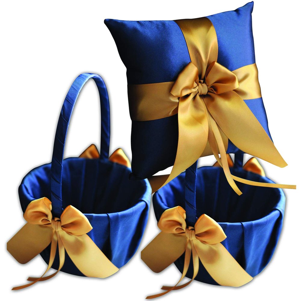 Alex Emotions Ivory Flower Girl Basket and Ring Bearer Pillow Set Wedding Basket and Ring Pillow Set | Handmade Wedding Pillow and Basket, Navy Blue and Gold, 1 Pillow + 2 Baskets