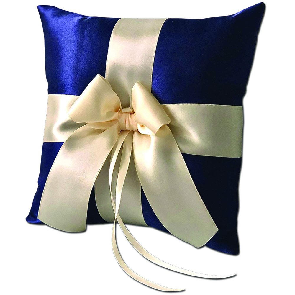 Alex Emotions Ivory Flower Girl Basket and Ring Bearer Pillow Set Wedding Basket and Ring Pillow Set | Handmade Wedding Pillow and Basket, Navy Blue and Ivory, 1 Pillow