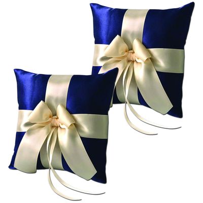 Alex Emotions Ivory Flower Girl Basket and Ring Bearer Pillow Set Wedding Basket and Ring Pillow Set | Handmade Wedding Pillow and Basket, Navy Blue and Ivory, 2 Pillows
