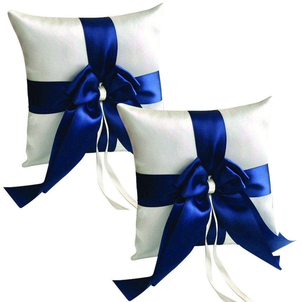 Alex Emotions Ivory Flower Girl Basket and Ring Bearer Pillow Set Wedding Basket and Ring Pillow Set | Handmade Wedding Pillow and Basket, Ivory and Navy Blue, 2 Pillows