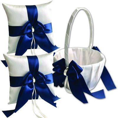 Alex Emotions Ivory Flower Girl Basket and Ring Bearer Pillow Set Wedding Basket and Ring Pillow Set | Handmade Wedding Pillow and Basket, Ivory and Navy Blue, 2 Pillows + 1 Basket
