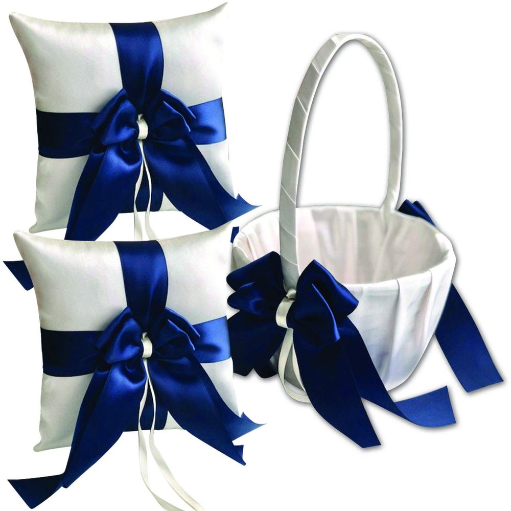 Alex Emotions Ivory Flower Girl Basket and Ring Bearer Pillow Set Wedding Basket and Ring Pillow Set | Handmade Wedding Pillow and Basket, Ivory and Navy Blue, 2 Pillows + 1 Basket