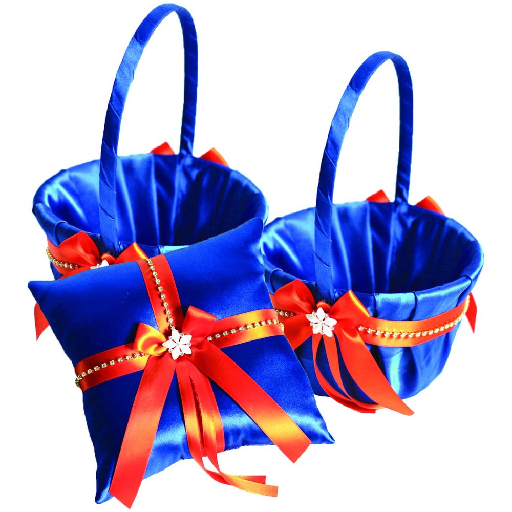 Alex Emotions Ivory Flower Girl Basket and Ring Bearer Pillow Set Wedding Basket and Ring Pillow Set | Handmade Wedding Pillow and Basket, Royal Blue and Orange, 1 Pillow + 2 Baskets
