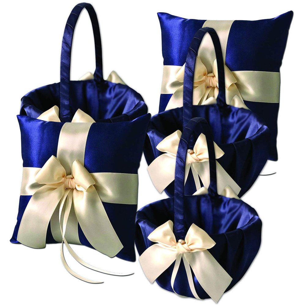 Alex Emotions Ivory Flower Girl Basket and Ring Bearer Pillow Set Wedding Basket and Ring Pillow Set | Handmade Wedding Pillow and Basket, Navy Blue and Ivory, 2 Pillows + 3 Baskets