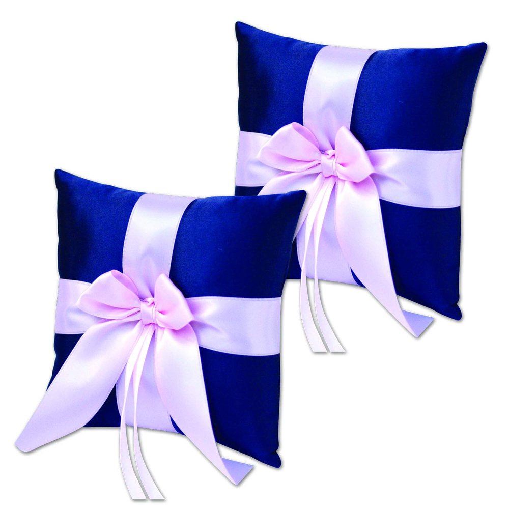 Alex Emotions Ivory Flower Girl Basket and Ring Bearer Pillow Set Wedding Basket and Ring Pillow Set | Handmade Wedding Pillow and Basket, Navy Blue and Blush Pink, 2 Pillows