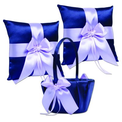 Alex Emotions Ivory Flower Girl Basket and Ring Bearer Pillow Set Wedding Basket and Ring Pillow Set | Handmade Wedding Pillow and Basket, Navy Blue and Violet, 2 Pillows + 1 Basket