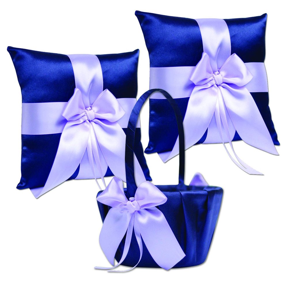 Alex Emotions Ivory Flower Girl Basket and Ring Bearer Pillow Set Wedding Basket and Ring Pillow Set | Handmade Wedding Pillow and Basket, Navy Blue and Violet, 2 Pillows + 1 Basket