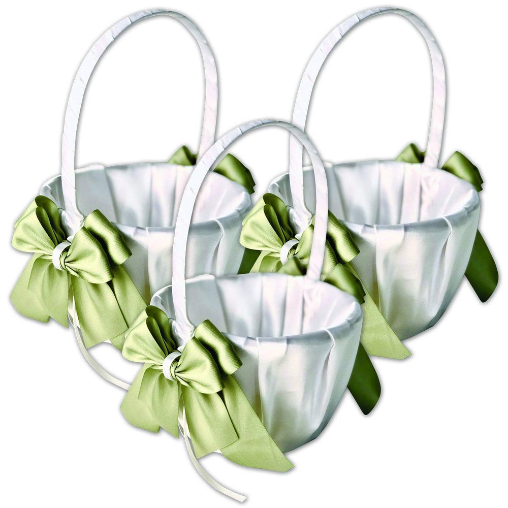 Alex Emotions Ivory Flower Girl Basket and Ring Bearer Pillow Set Wedding Basket and Ring Pillow Set | Handmade Wedding Pillow and Basket, Ivory and Sage Green, 3 Baskets
