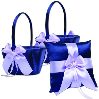 Alex Emotions Ivory Flower Girl Basket and Ring Bearer Pillow Set Wedding Basket and Ring Pillow Set | Handmade Wedding Pillow and Basket, Navy Blue and Violet, 1 Pillow + 2 Baskets