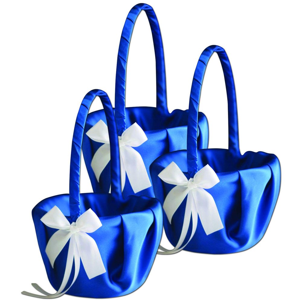 Alex Emotions Ivory Flower Girl Basket and Ring Bearer Pillow Set Wedding Basket and Ring Pillow Set | Handmade Wedding Pillow and Basket, Royal Blue and White, 3 Baskets