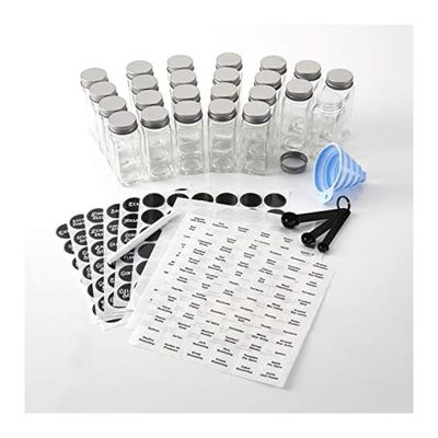 Kamenstein Glass Jars with Removable Sprinkle/Pour Discs, Silicone Funnel, Set of 3 Measuring Spoons, and 450 Labels and Chalk Marker, Set of 24, 4-Ounce