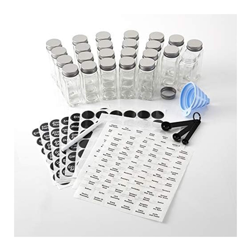 Kamenstein Glass Jars with Removable Sprinkle/Pour Discs, Silicone Funnel, Set of 3 Measuring Spoons, and 450 Labels and Chalk Marker, Set of 24, 4-Ounce