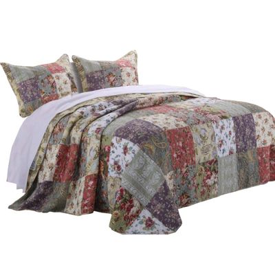 Benzara BM14973 Chicago Fabric Bedspread Set with Jacobean Prints, Multi Color - Queen Size - 3 Piece