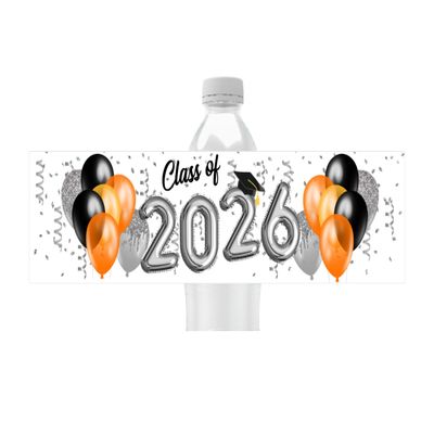 Graduation Water Bottle Labels, Class of 2026 Party Favors, Pack of 25 Peel and Stick Waterproof Water Bottle Wrappers (Orange)