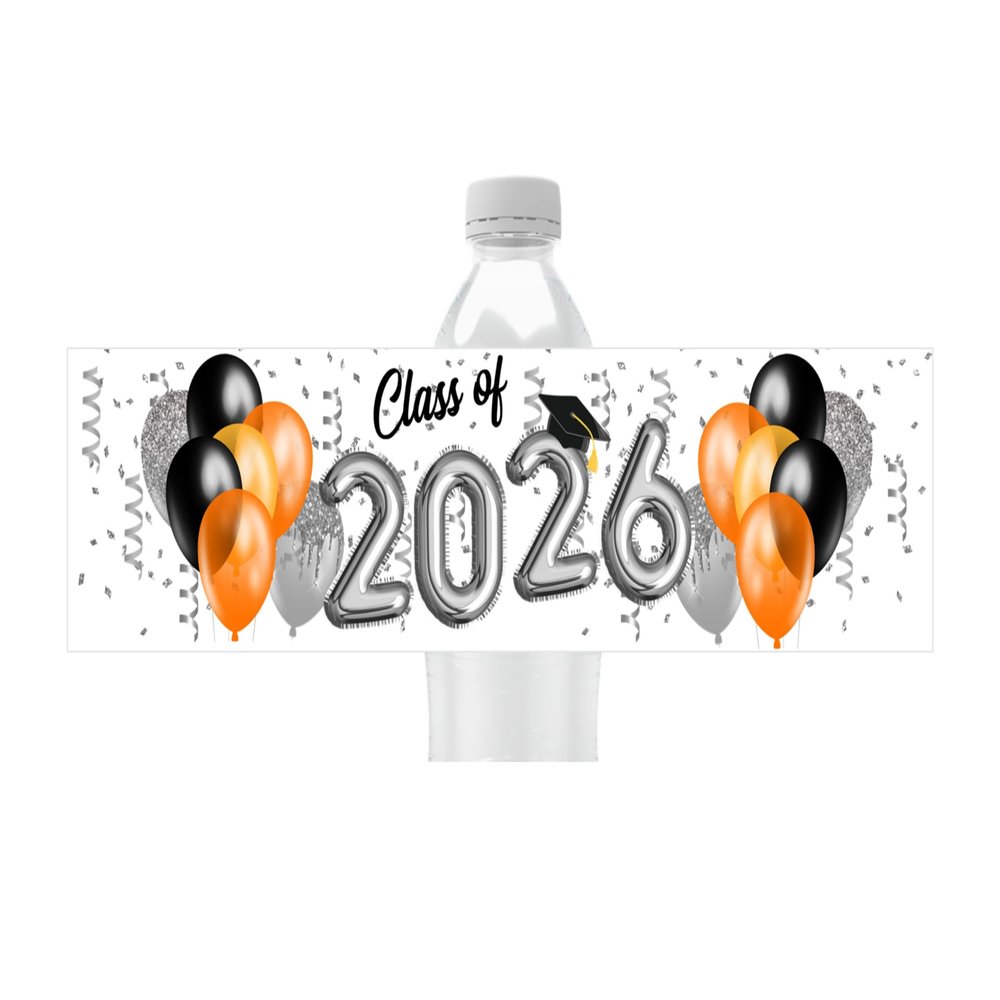 Graduation Water Bottle Labels, Class of 2026 Party Favors, Pack of 25 Peel and Stick Waterproof Water Bottle Wrappers (Orange)