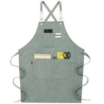 NEWGEM Cotton Canvas Cross Back Apron for Chef Cobbler Men Women with Pockets Kitchen Cooking Baking Woodworking Work Light Grey